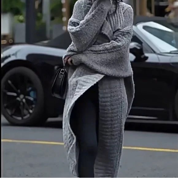 195. Gray Chunky Grey Duster Cardigan Coat Long Cable With Fuzzy Sweater - Picture 3 of 8
